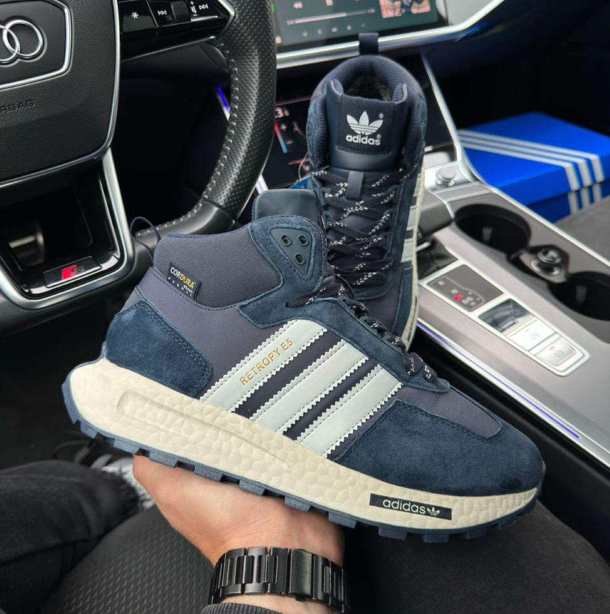Чоловічі зимові кросівки Adidas Retropy E5 Navy White Fur winter Адідас Ретропі сині замшеві з хутром зима