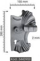 Стальна накладка з ручкою товщиною 2 мм для замка розміром 155 х 285 мм, з кованим візерунком, для хвіртки.