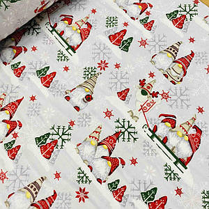 Фланелева тканина новорічна, гноми в шапках із сніжинками на сірому (шир. 2,4 м) (FL-W-0410)