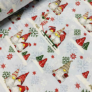 Фланелева тканина новорічна, гноми в шапках із сніжинками на блакитному (шир. 2,4 м) (FL-W-0411)