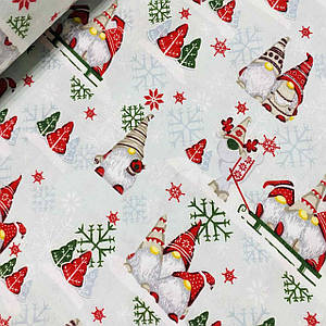 Фланелева тканина новорічна, гноми в шапках із сніжинками на м'ятному (шир. 2,4 м) (FL-W-0412)