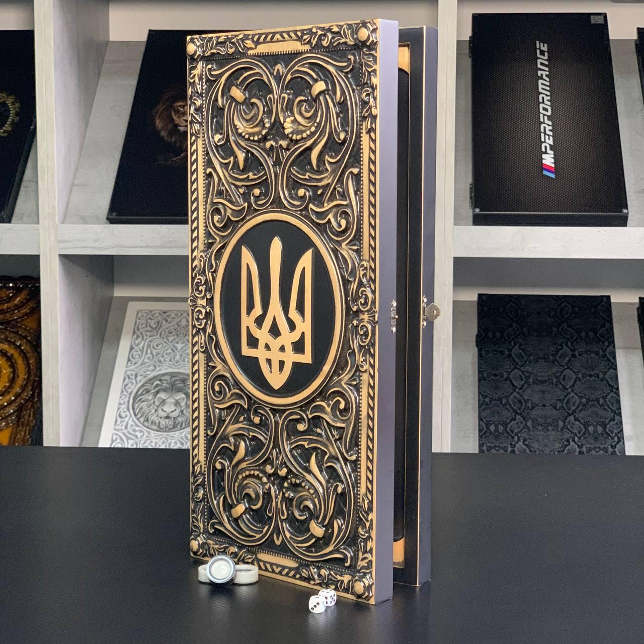 Дерев'яні нарди ручної роботи Тризуб 50×23 см подарункові, фото 1