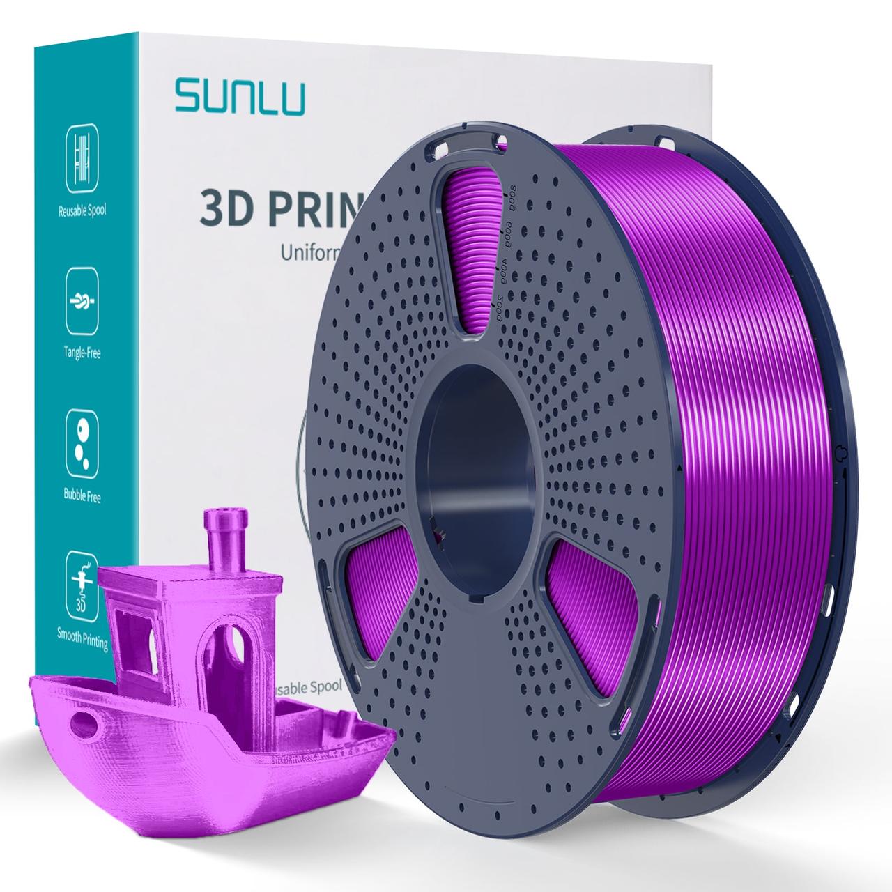 Пластик філамент для 3Д-друку SUNLU Silk PLA+ Purple (04740811Z), Reusable Spool, 1.75мм, 1кг, 205-235°C, Фіолетовий