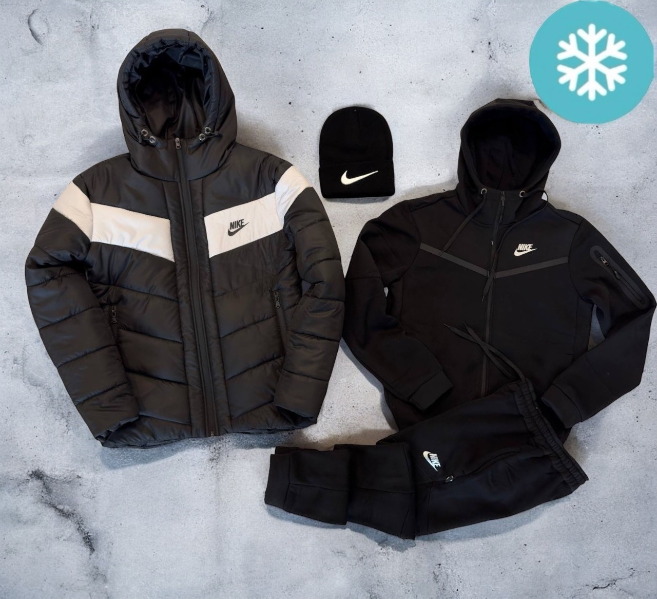 Зимовий спортивний костюм чоловічий Nike Tech Fleece теплий на флісі. Комплект одягу зима 3в1 (костюм+куртка+шапка), фото 1