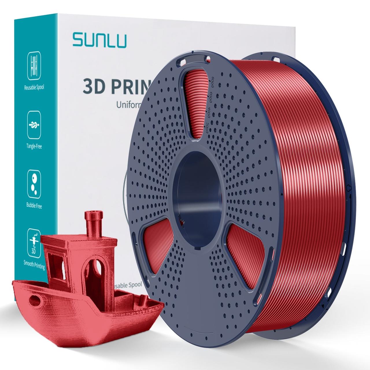 Пластик/філамент для 3D-друку SUNLU Silk PLA+ Red (09940606E), Reusable Spool, 1.75mm, 1kg, 205-235°C / Червоний
