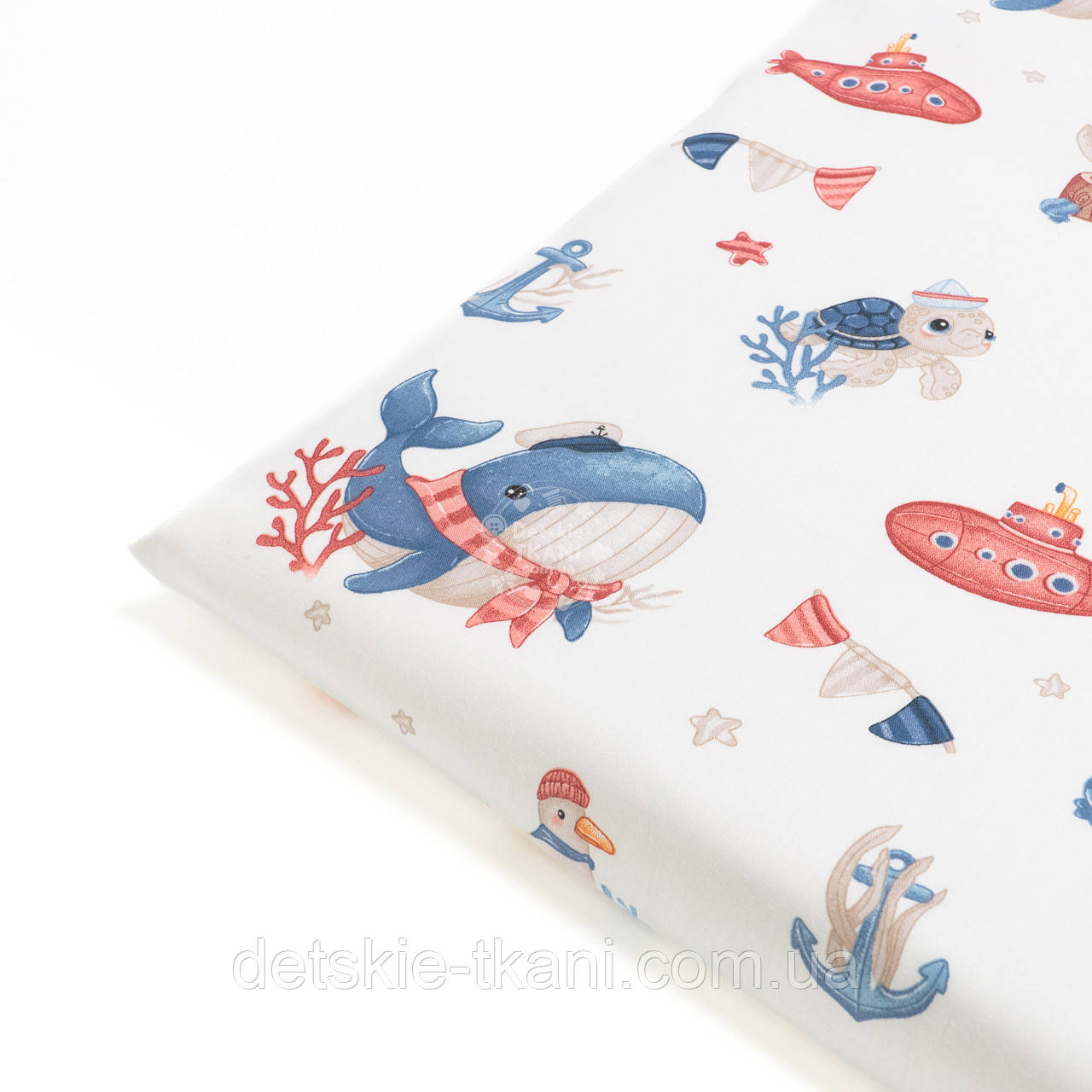 Відріз сатину "Кити з шарфом, черепахи та підводні човни", №5296с, розмір 80*160 см, фото 1