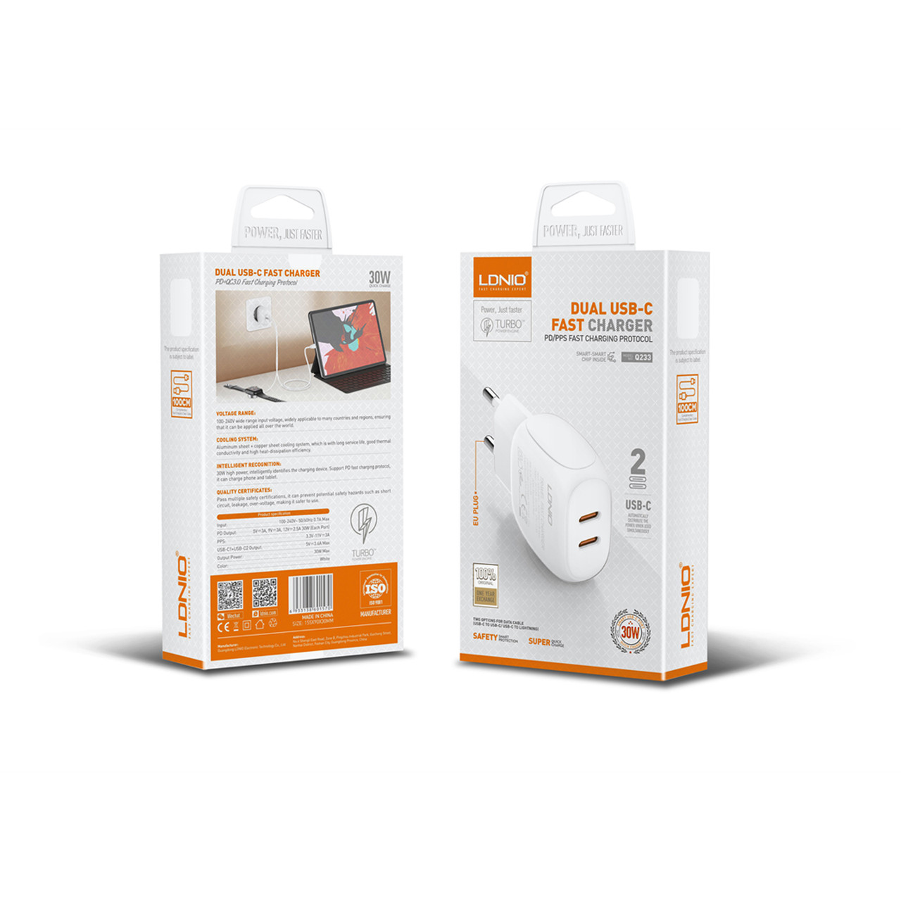 Зарядний пристрій LDNIO Q233 30W PD 2 Ports Type-C (адаптер + кабель Type C-Lightining)