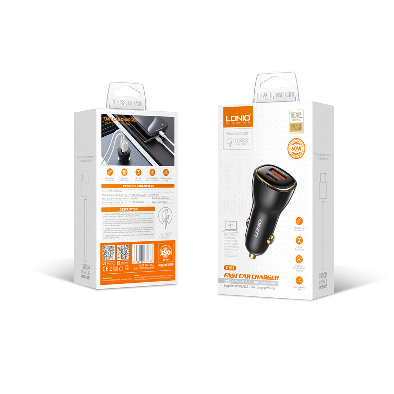 АЗП LDNIO C103 60W PD2 Ports USB+Type C (адаптер + кабель Type C - Lightining)