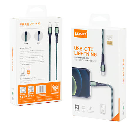 Кабель Type-C-Lightining LDNIO LC112 3A 2м сірий, фото 1