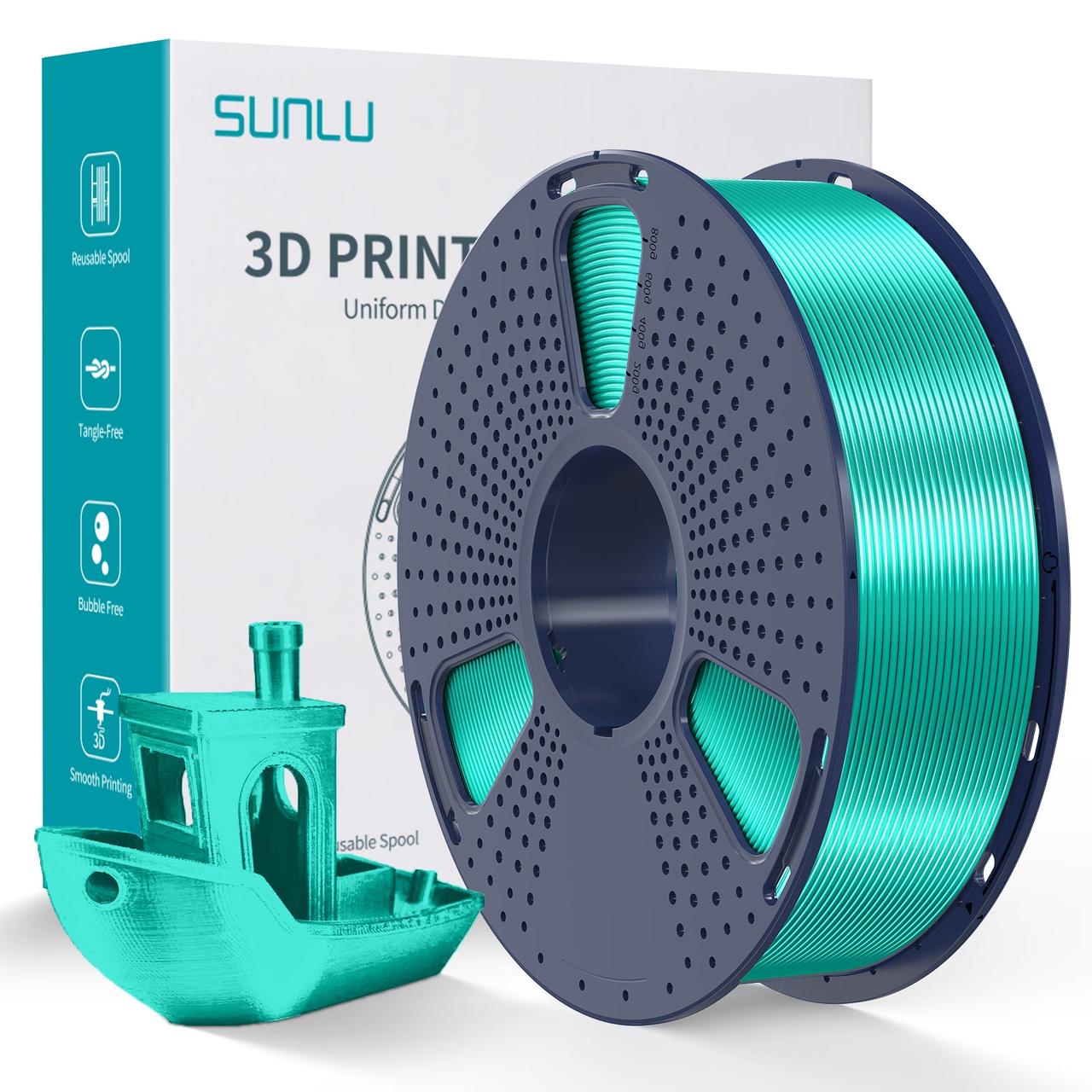 Пластик філамент для 3Д-друку SUNLU Silk PLA+ Green (09940615E), Reusable Spool, 1.75мм, 1кг, 205-235°C, Зелений