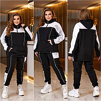 Женский теплый модный спортивный костюм на флисе со стразами 48-58 . Кофта - худи с капюшоном и штаны . Черный