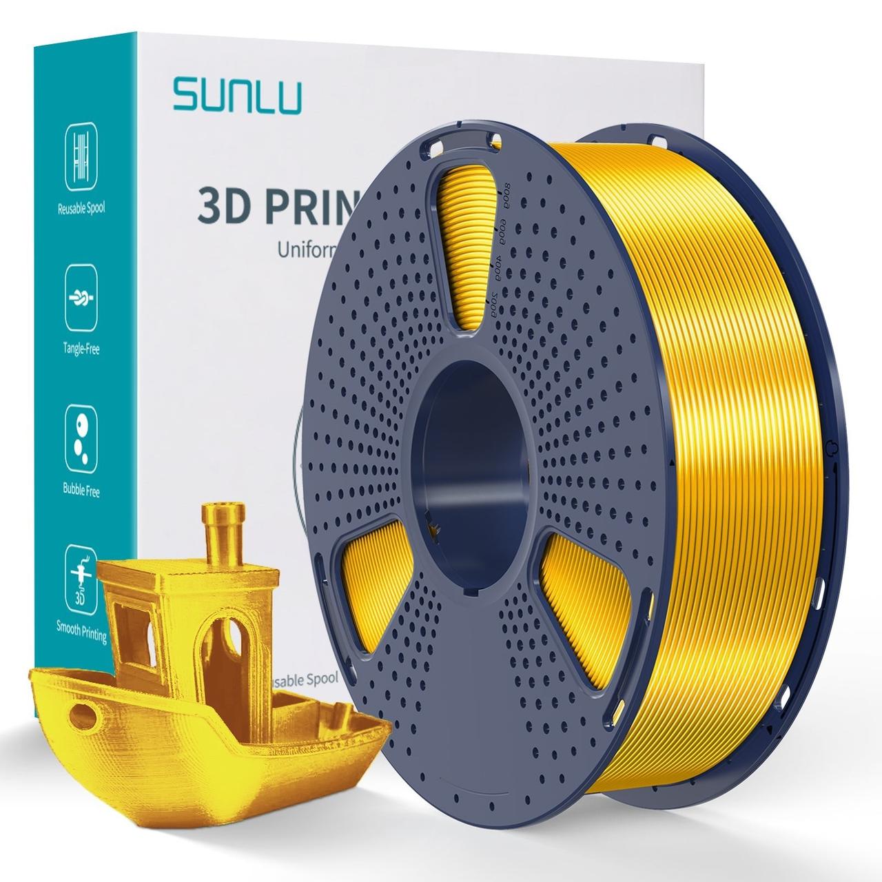 Пластик/філамент для 3D-друку SUNLU Silk PLA+ Yellow (04740810Z), Reusable Spool, 1.75mm, 1kg, 205-235°C / Жовтий