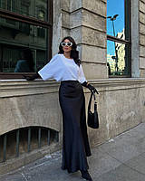 Идеальная атласная юбка макси на резинке свободного кроя на высокой посадке черная бежевая 42-44 46-48 50-52