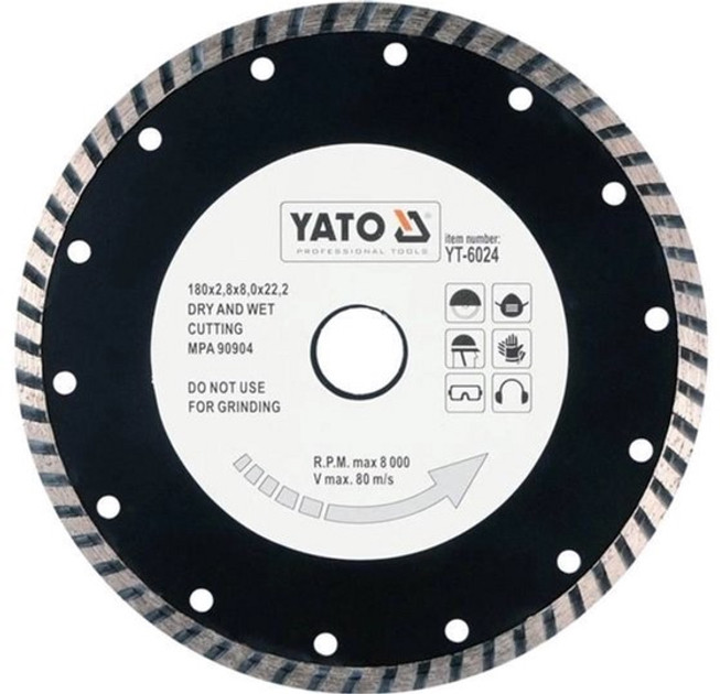 Диск відрізний алмазний YATO "TURBO" 180 х 2.8 х 8 х 22.2 мм YT-6024, фото 1