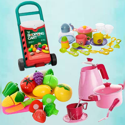 Іграшковий посуд, продукти, фаст-фуд, фрукти і овочі.