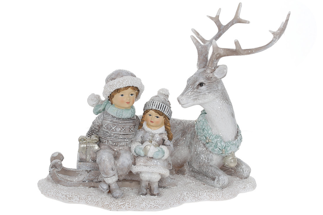 Декоративна статуетка Діти з оленем, 17см, колір - сірий з м'ятою K07-195, фото 1