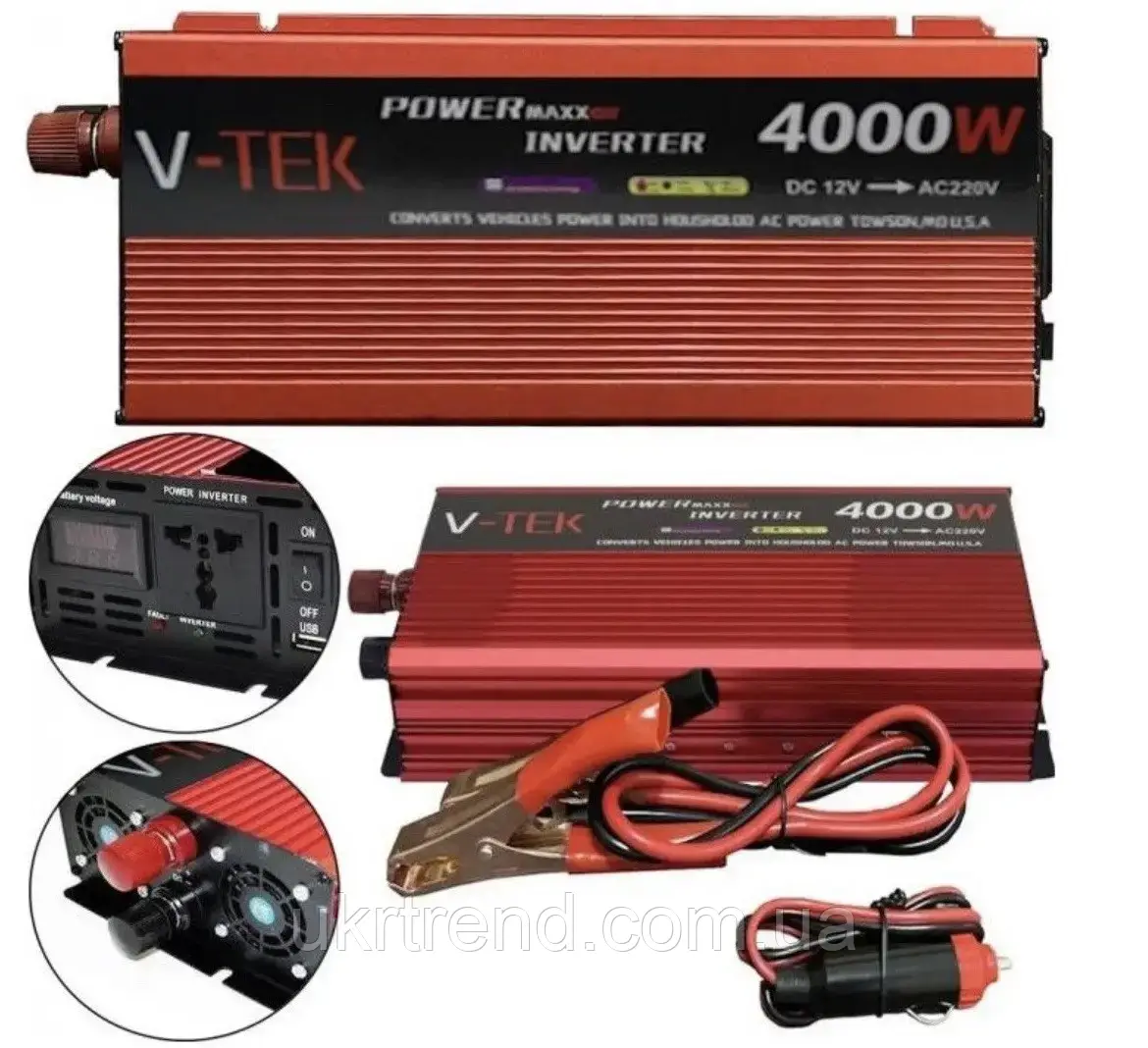 Перетворювач напруги інвертор з дисплеєм V-TEK 4000W 12-220 V Автомобільний перетворювач