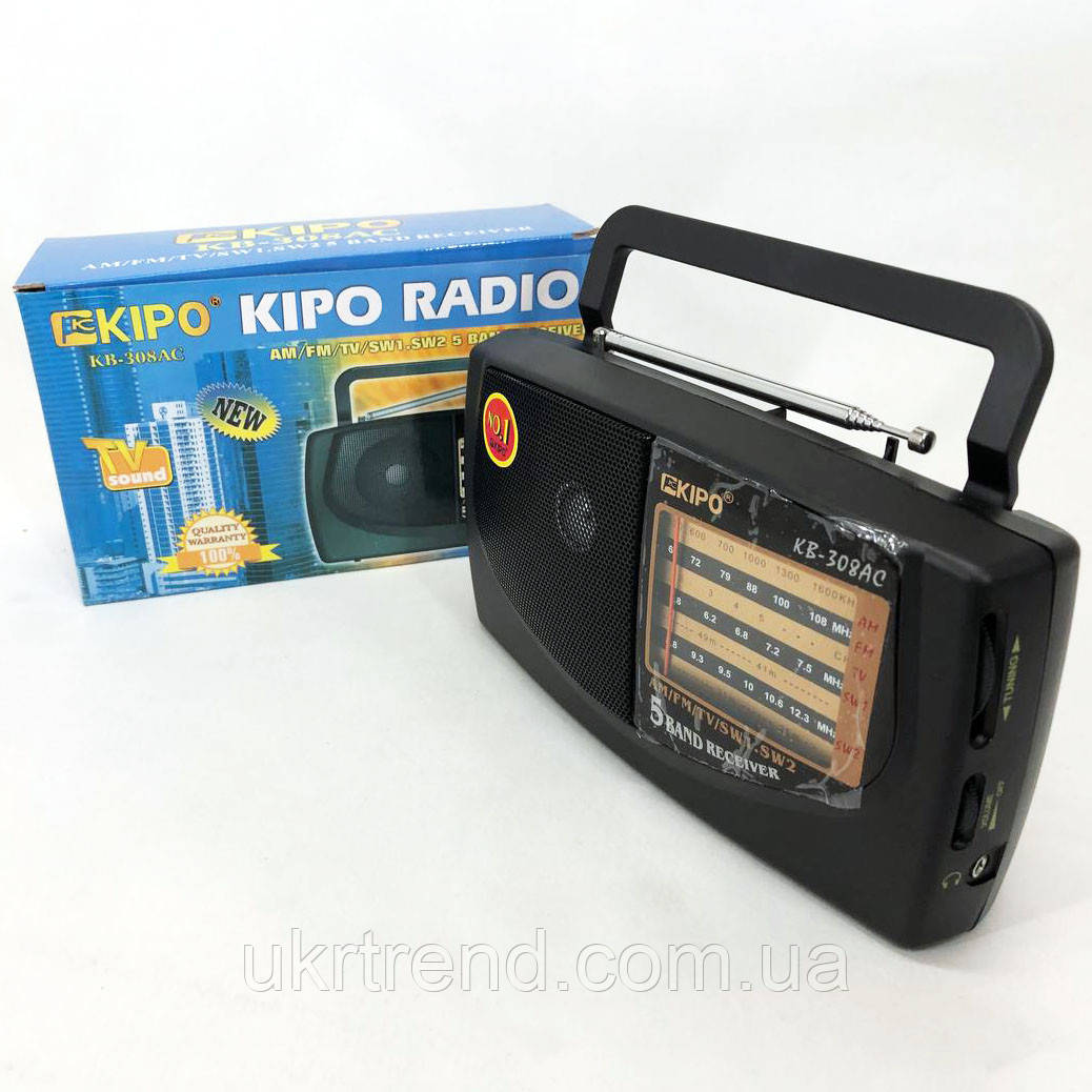 Класичний радіоприймач з антеною та ручкою KIPO KB-308AC, Портативне FM радіо WP-395 з флеш-накопичувачем