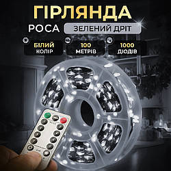 Гірлянда Роса нитка 1000 LED довжина 100 м з пультом від мережі зелена, білий