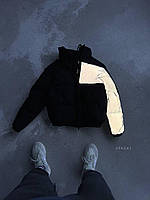 Чоловіча зимова куртка чорна рефлективн дута на пуху, Теплий світловідбивний пуховик чорного кольору без капюшона