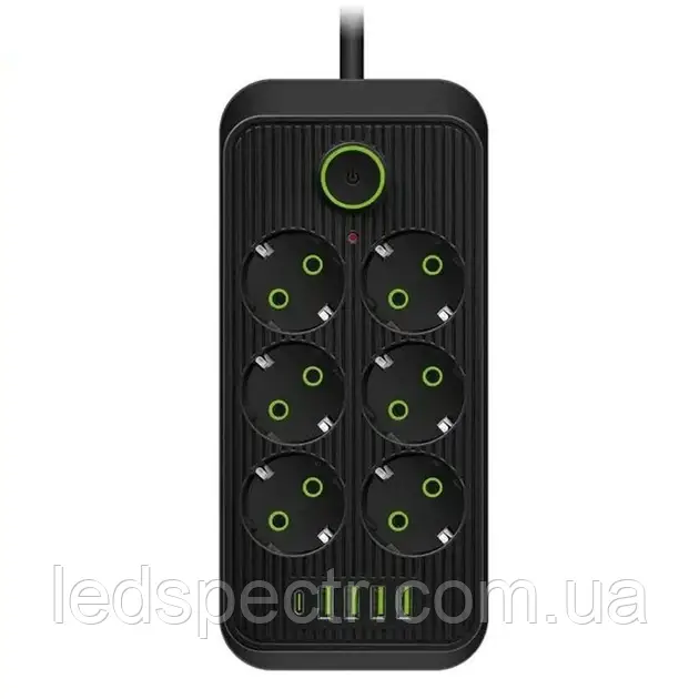 Мережевий фільтр живлення F19U 6 розеток +4 USB + Type-C Port 2 m, мережевий подовжувач розеток, чорний