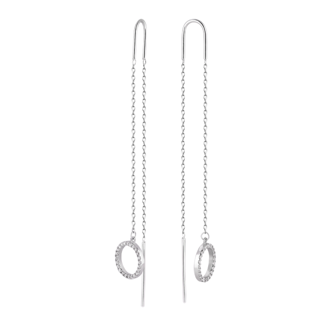 Срібні сережки протяжки Кола на ланцюжку з білими фіанітами, фото 1