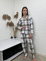 Стильна бавовняна піжама на байці рубашка штани у клітинку