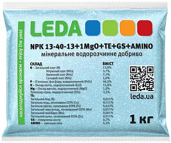 Мінеральне добриво Leda NPK 13-40-13 + 1MgO + TE + GS + AMINO (Leda fertilizer) 1 кг / Стимулятор росту
