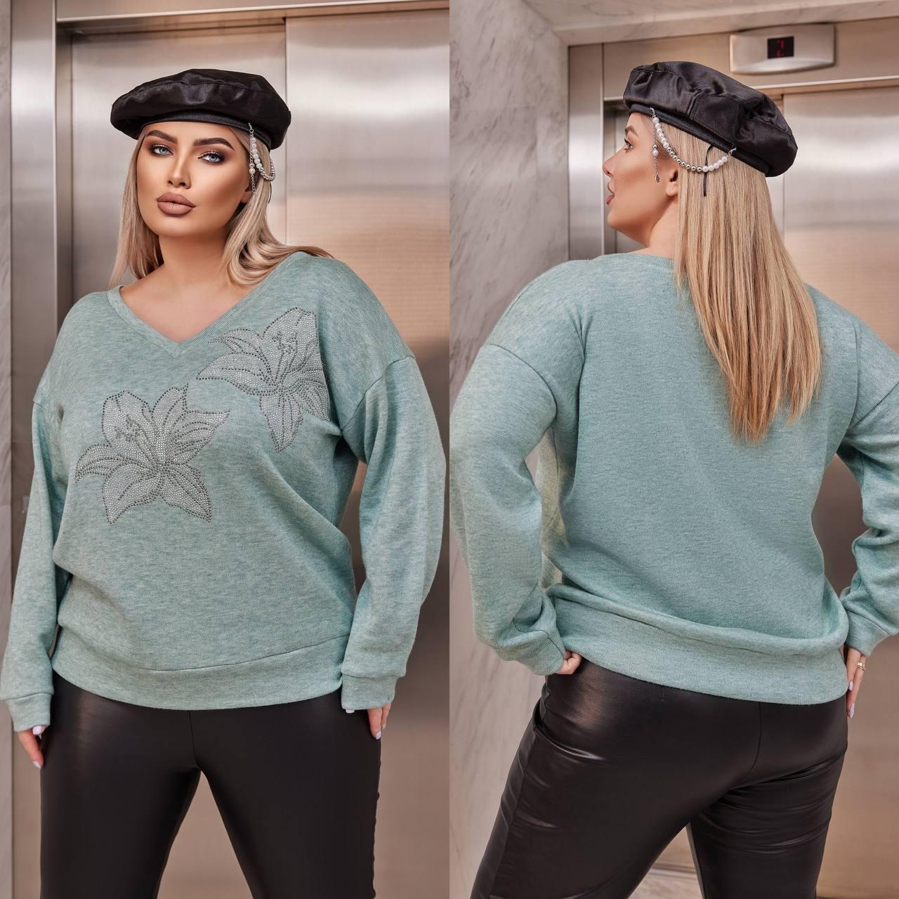 Жіноча м'яка ангорова кофта джемпер зі спущеними рукавами і декором зі страз, батал великі розміри, фото 1