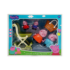 Ігровий набір героїв "Свинка Пеппа і сім'я" Bambi 552-3-1, 4 герої і коляска, Toyman