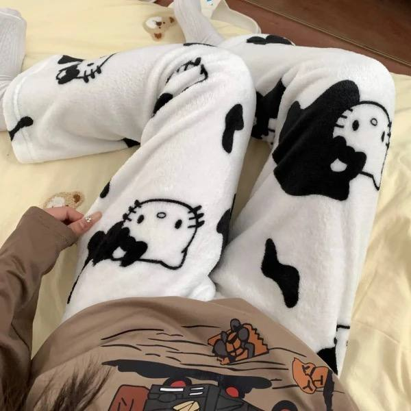Чорно - білі Штани hello kitty пухнасті. Плюшеві штани хелоу кіті білі - чорні коровка