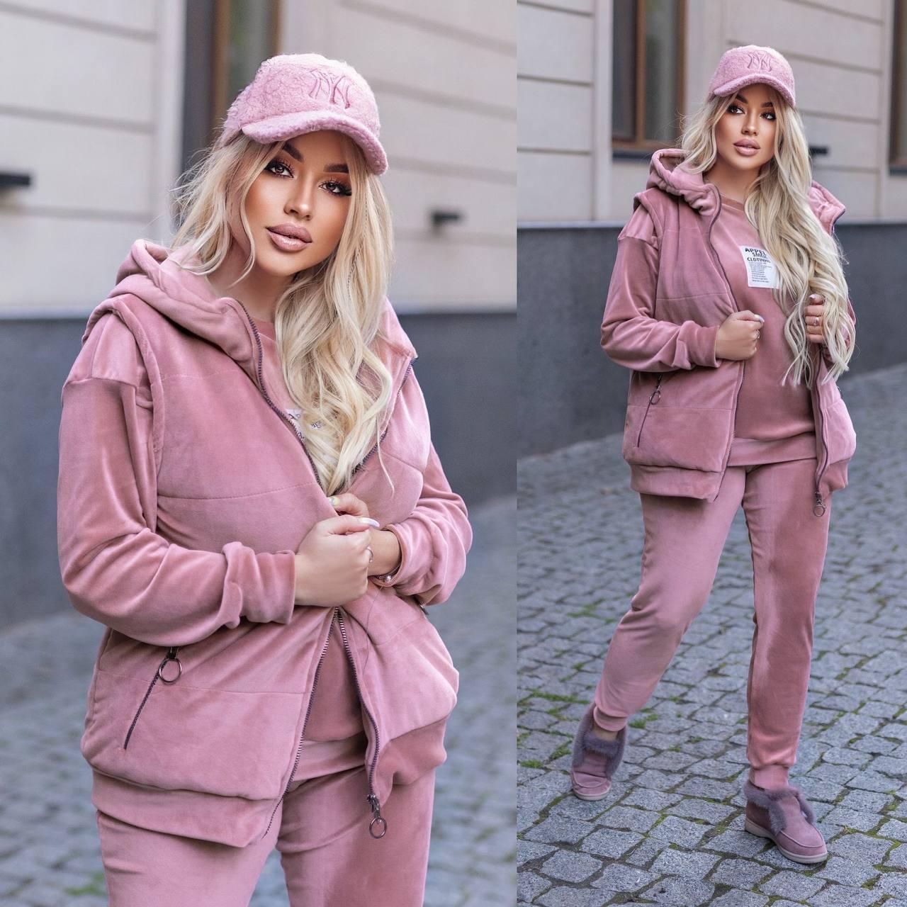 Жіночий теплий велюровий прогулянковий костюм трійка: кофта, штани та жилетка на синтепоні з капюшоном, батал великі розміри, фото 1