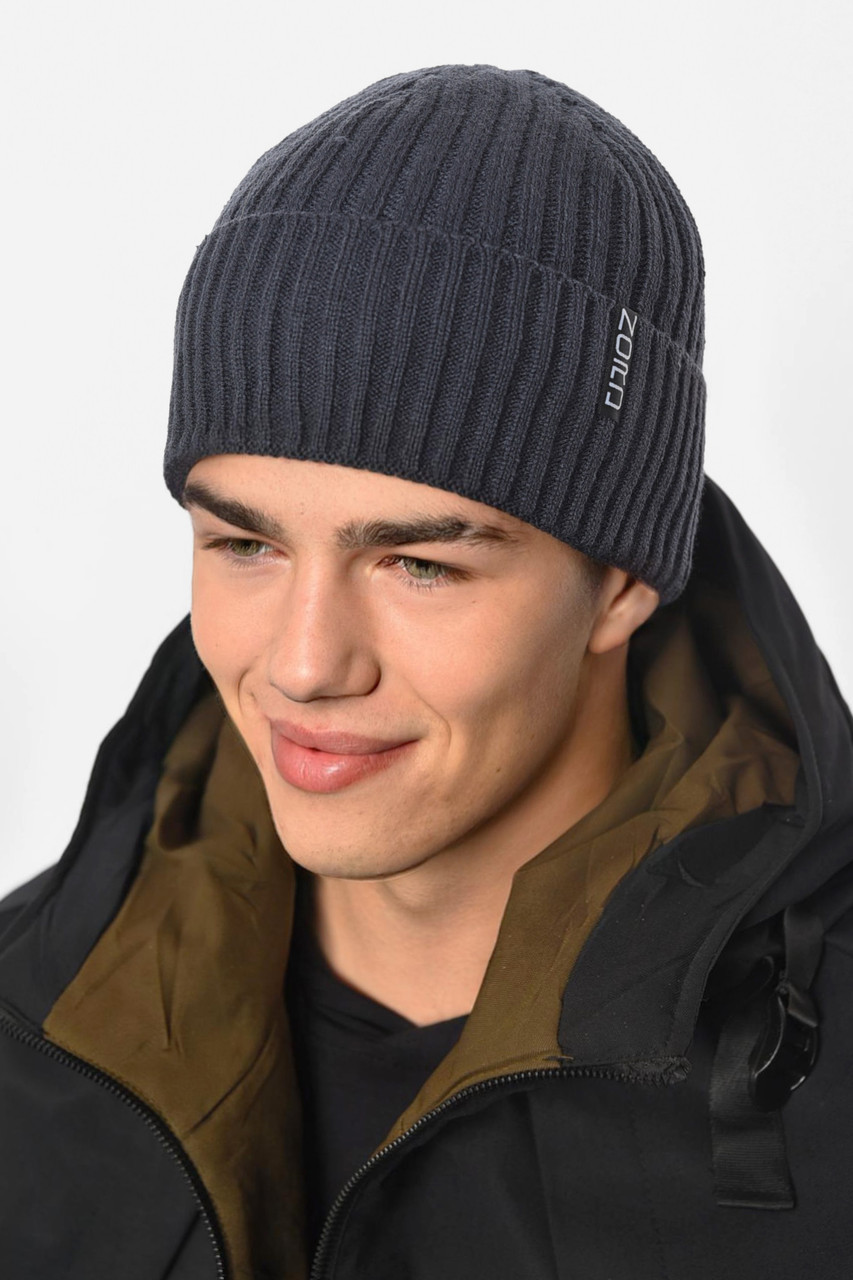 Шапка чоловіча з підворотом на флісе сірого кольору 192424M, фото 1