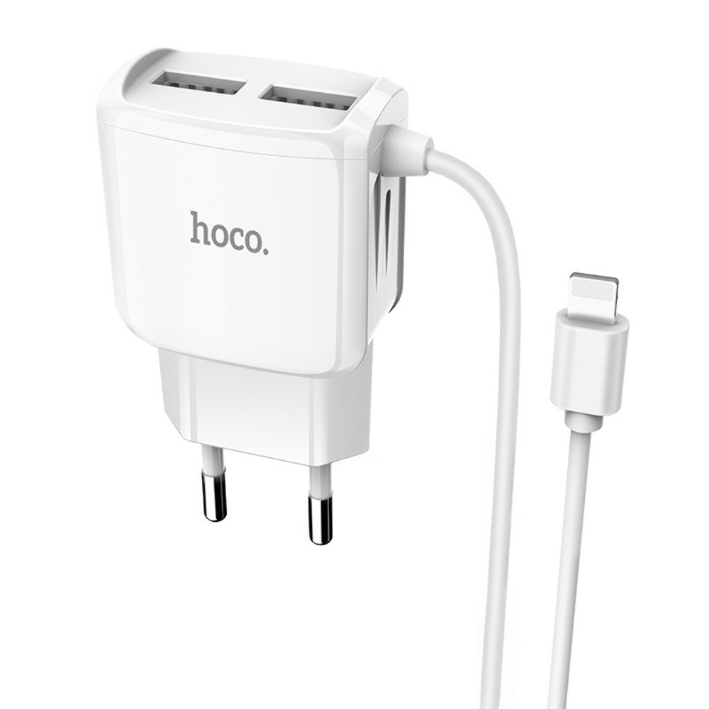 Мережевий зарядний пристрій Hoco C59A 2 USB білий з кабелем Lightning