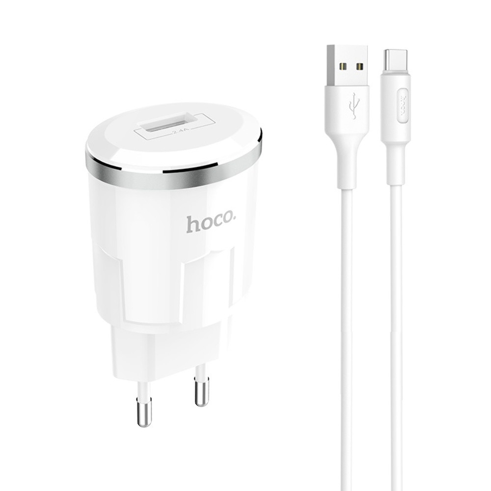 Мережевий зарядний пристрій Hoco C37A USB білий + кабель USB to Type-C