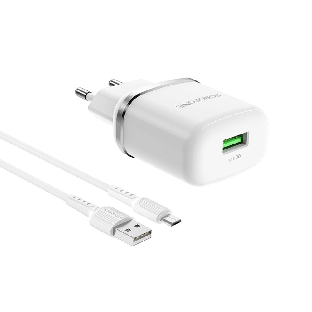 Мережевий зарядний пристрій Borofone BA36A USB QC 18 W білий + кабель USB to MicroUSB