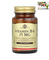 B6 Піридоксин, Solgar, вітамін В6, 25 мг, 100 таблеток