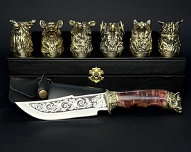 Набір з 6 бронзових чарок перевертарів та ніж мисливський "Мисливський" в подарунковому футлярі ручна робота