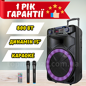 Потужна переносна колонка ZXX, 800Вт, акустична аудіосистема, 2 мікрофони, 15", колонка Bluetooth USB/SD/FM