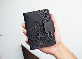 Портмоне для документів шкіряне чорне з тисненням Плин Часу | для автодокументві, паспорта, військового