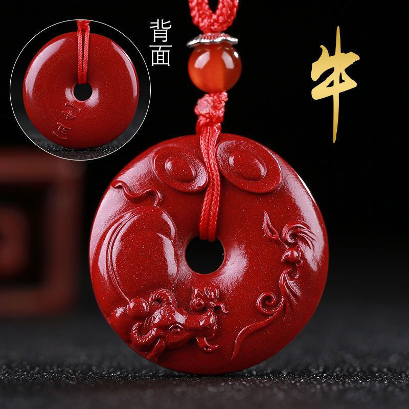 Підвіска - кулон з цинобри (кіновар) з китайськими знаками зодіаку БИКА, фото 1