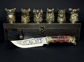 Подарунковий набір з 6 бронзових чарок "Мисливський" у подарунковому футлярі з натурального дерева ручна робота