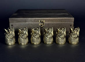 Набір подарунковий бронзових чарок перевертарів 6 штук "Царський улов" у дерев'яному кейсі ручна робота