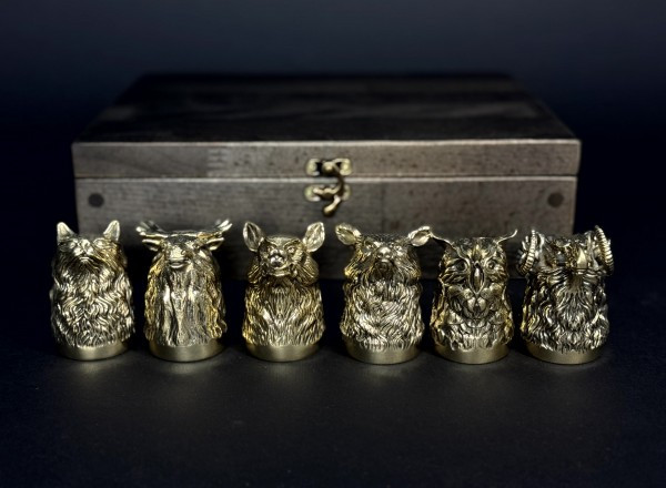 Набір бронзових чарок перевертарів "Полювання" 6 шт. у дерев'яному футлярі ручна робота українських майстрів, фото 1