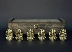 Набір подарунковий із 6 бронзових чарок перевертей "Козацька рада" у футлярі з дерева ручна робота українських майстрів