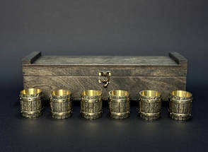 Набір чарок бронзових "Бочка" подарунковий з 6 штук у подарунковому дерев'яному футлярі ручна робота