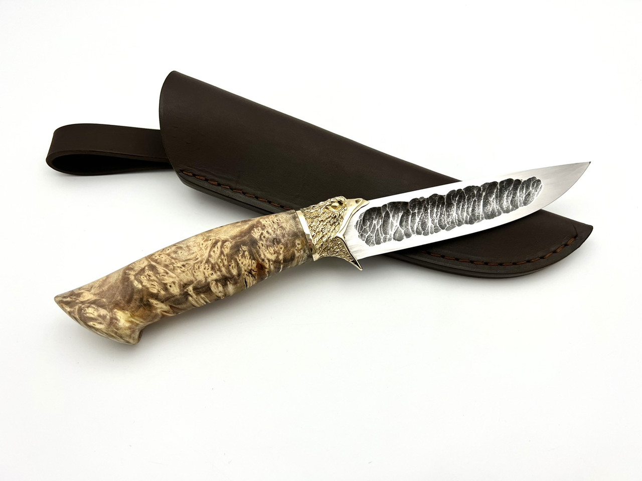 Ніж ручної роботи для полювання та риболовлі туристичний «Сокіл» сталь ШХ15 з шкіряними піхвами нескладною, фото 1