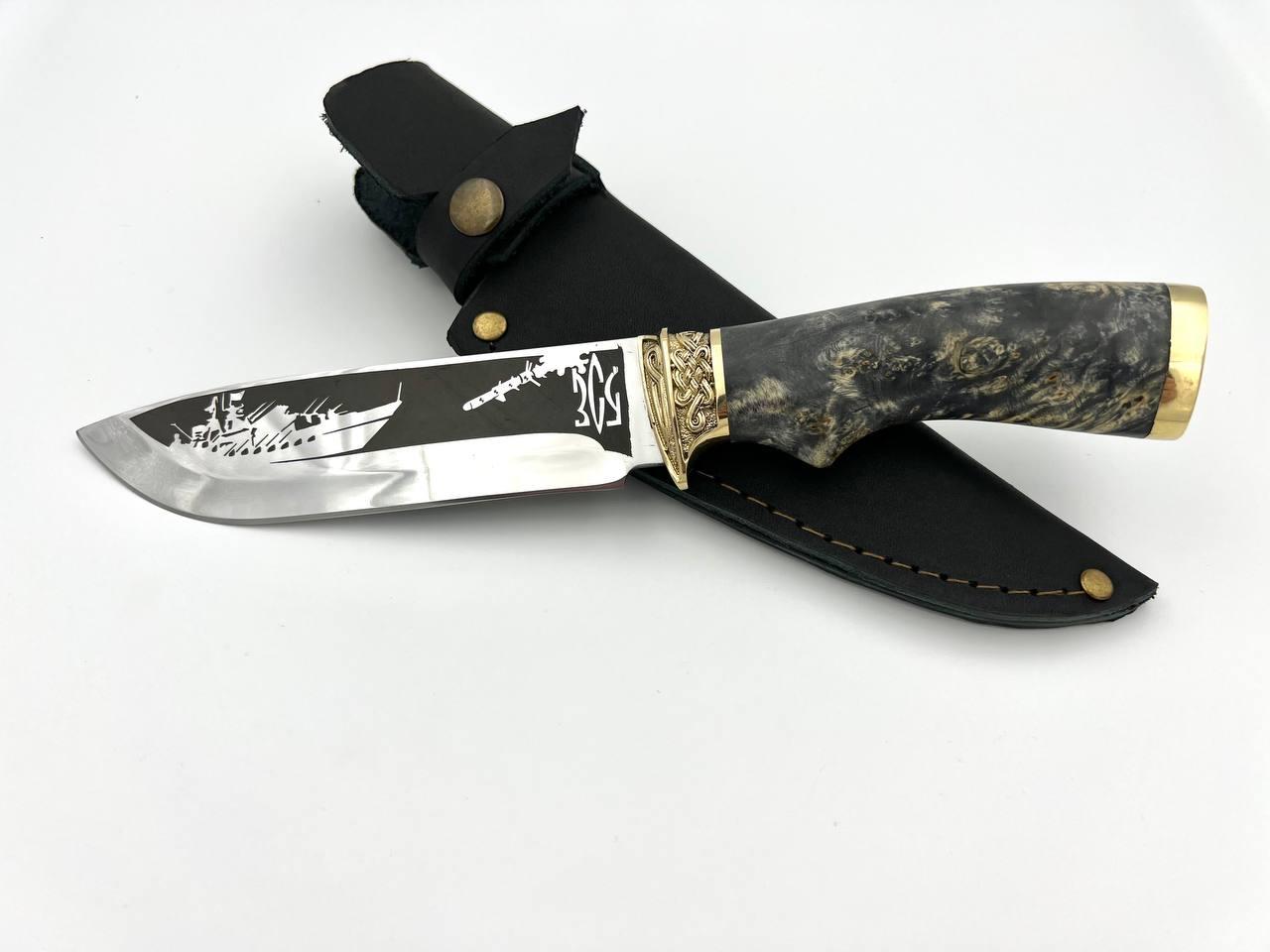 Ніж ручної роботи «Російський корабель» зі шкіряними піхвами нескладний сталь 95х18, фото 1