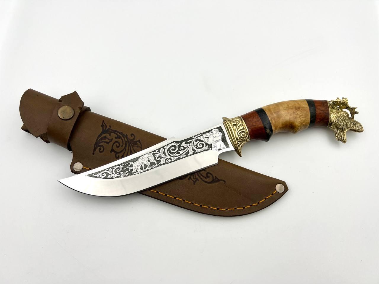 Ніж ручної роботи для полювання та риболовлі туристичний «Лось #3» зі шкіряними піхвами нескладаний сталь 95х18, фото 1