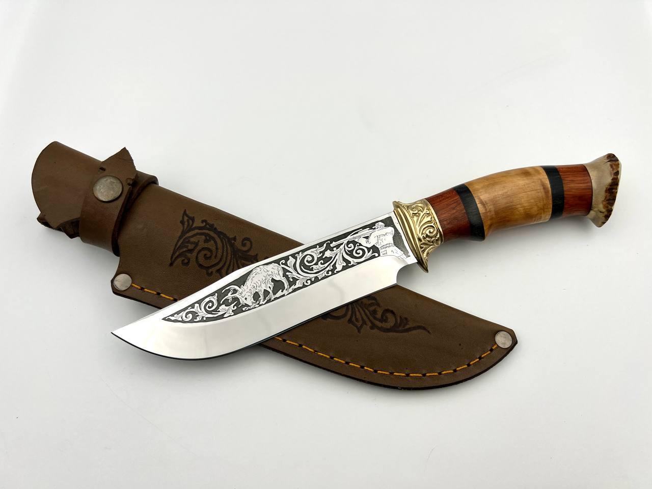 Ніж ручної роботи для полювання та риболовлі туристичний «Мисливець #8» зі шкіряними піхвами нескладаний сталь 95х18, фото 1